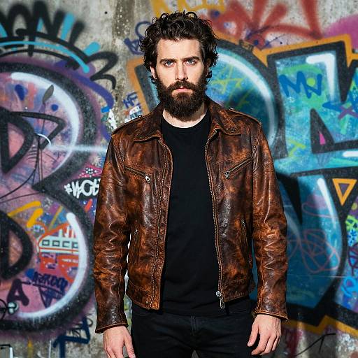 Young Man in Vintage Brown Leather Jacket with Graffiti Background