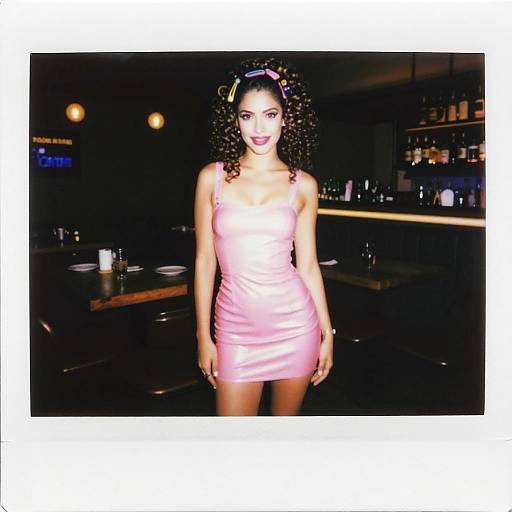 Gen Z Woman in Retro Pink Mini Dress with Curly Hair in Bar - Polaroid Style