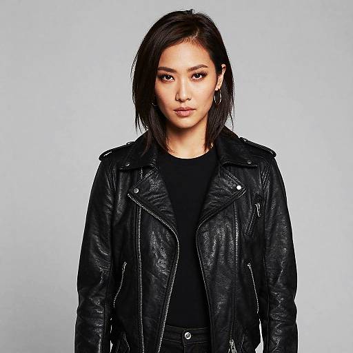 Confident Woman in Black Leather Jacket Posing Against Grey Background