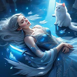Serene woman with silver hair in blue gown, ethereal light, and fluffy cat