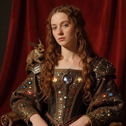 Medieval Inspired Woman in Bejeweled Gown with Fantasy Creature on Shoulder