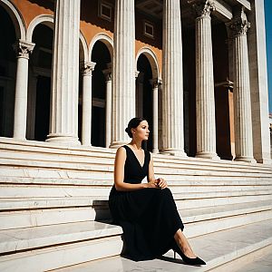 Woman in Black Dress on Marble Steps