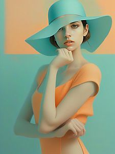 Contemplative Woman in Orange Dress with Wide-Brimmed Hat
