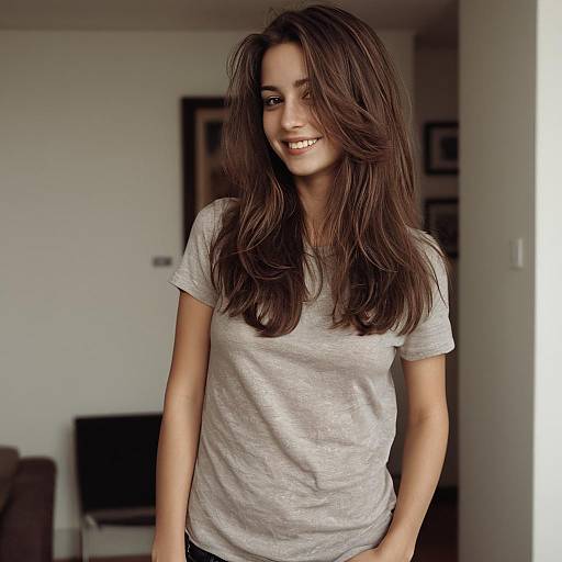 Young Woman Smiling Indoors in Casual Gray T-Shirt