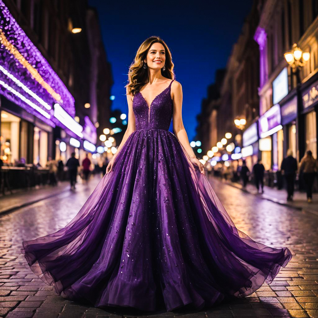 Elegant Woman in Purple Gown on Lit Street