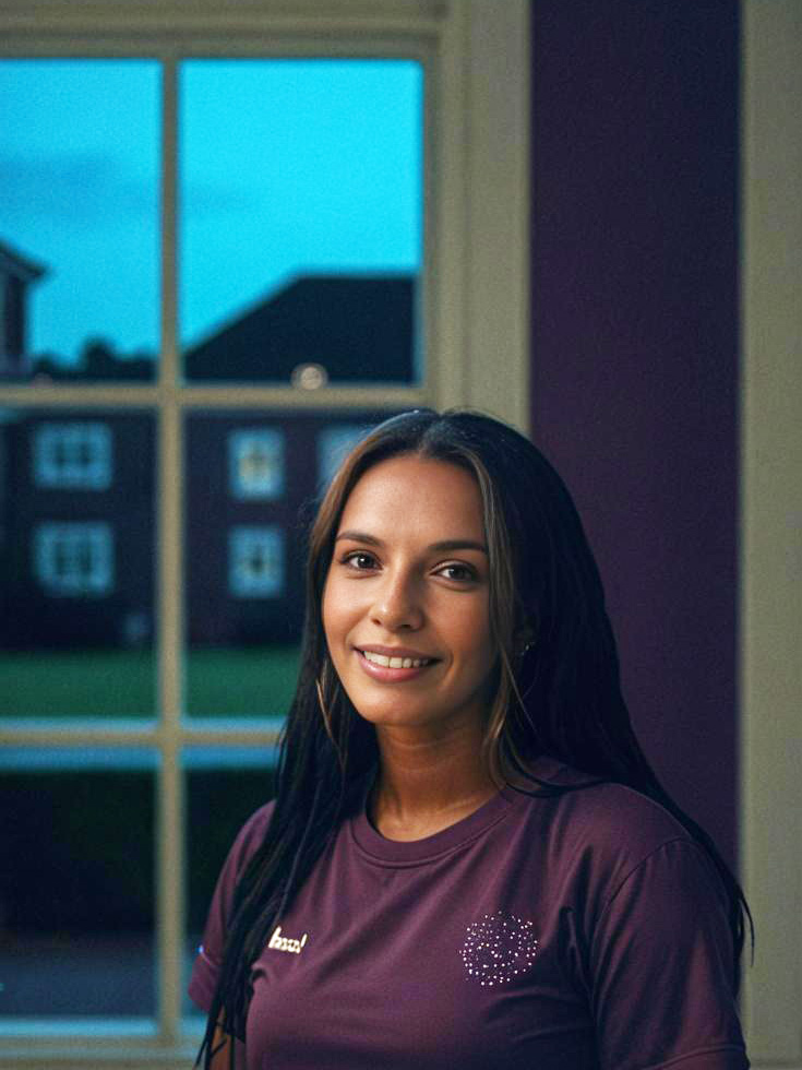 Young Woman Smiling in Cozy Indoor Setting