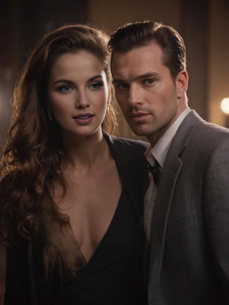 Elegant Woman and Sharp-Dressed Man in Cinematic Scene