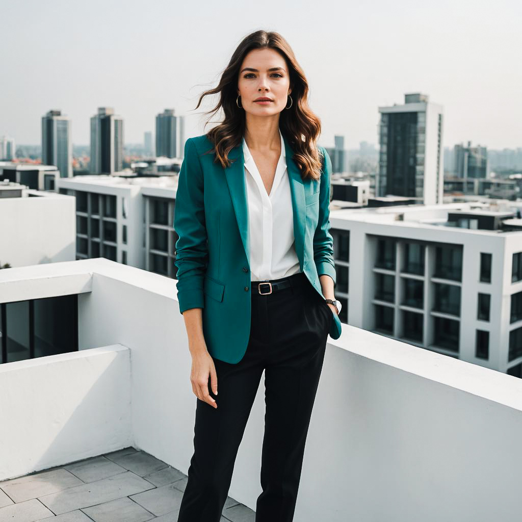 Confident Woman in Teal Blazer on Modern Building