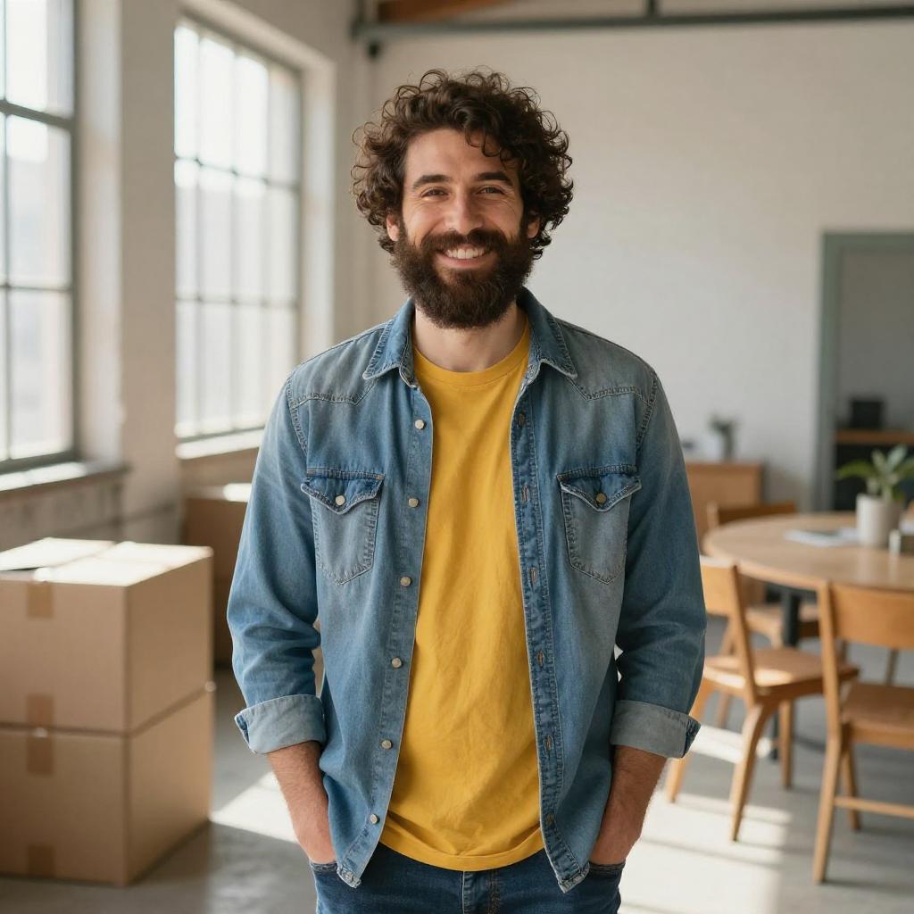 Smiling Bearded Man in Casual Denim Shirt and Yellow Tee in Bright Room