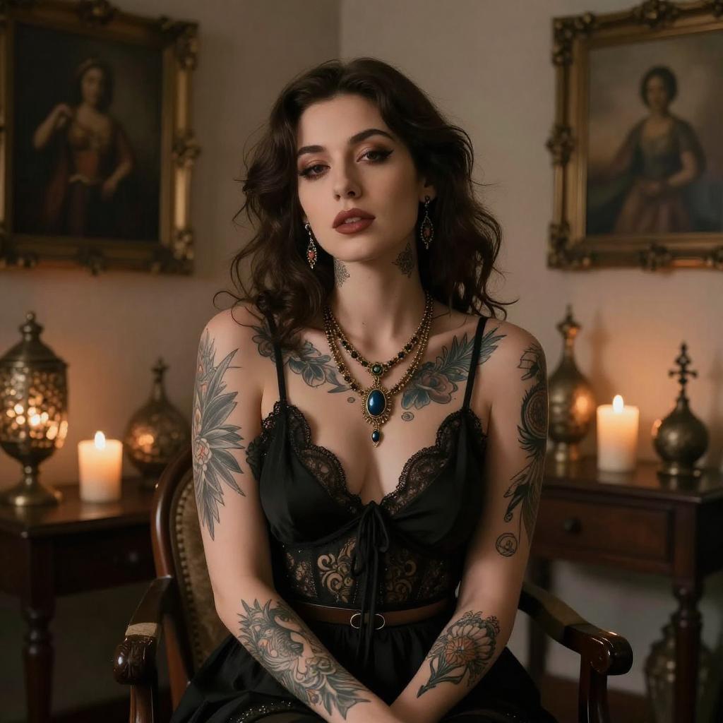 Elegant Tattooed Woman in Gothic Vintage Room with Candles