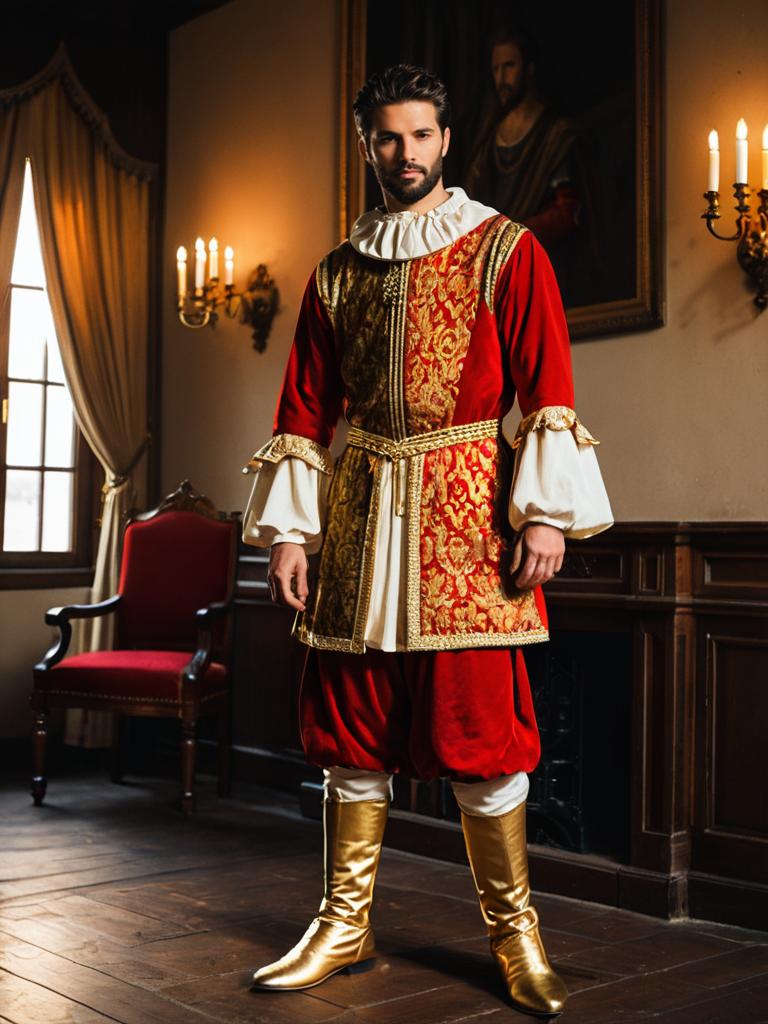 Man in Fancy Medieval Red and Gold Costume Standing Indoors