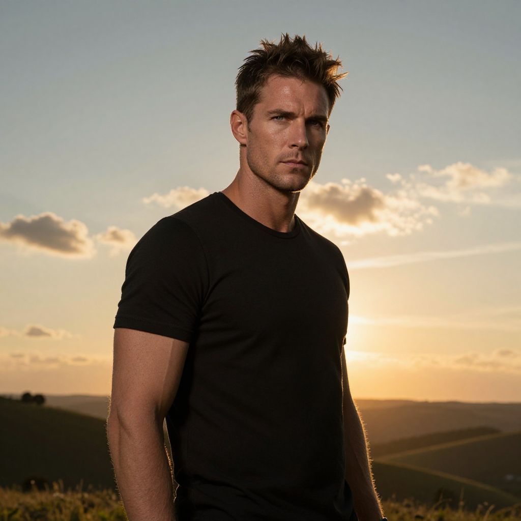 Man Wearing Black T-Shirt Standing Outdoors at Sunset