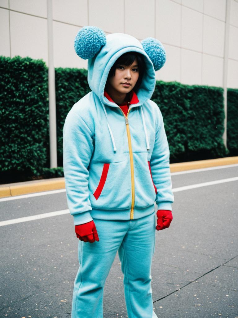 Realistic Bobobo-bo Bo-bobo Character Cosplay Costume on Man in Blue Hoodie