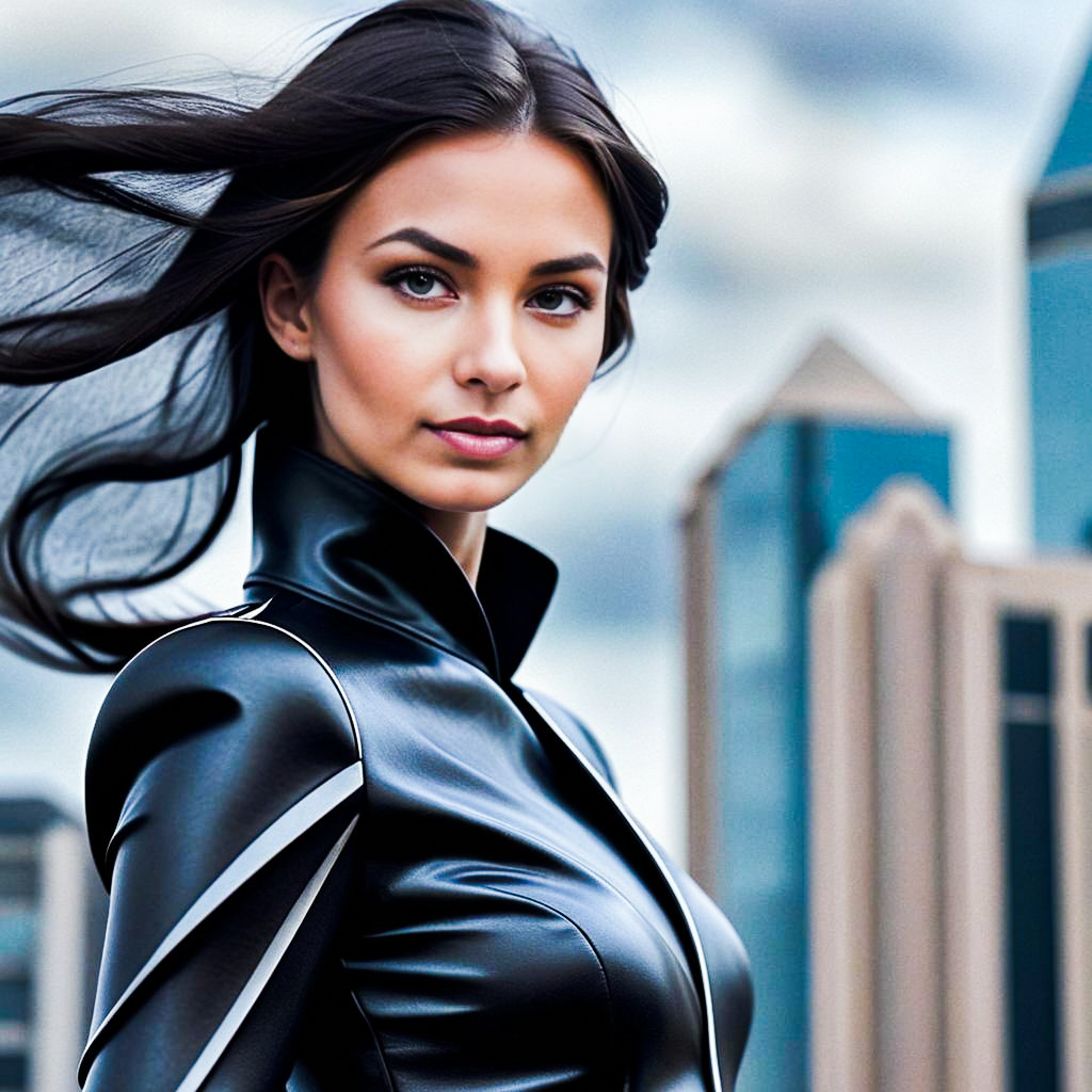 Confident Woman in Black Leather Outfit Against Urban Background