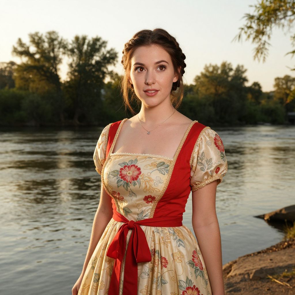 Young Woman in Vintage Floral Dress by River at Sunset