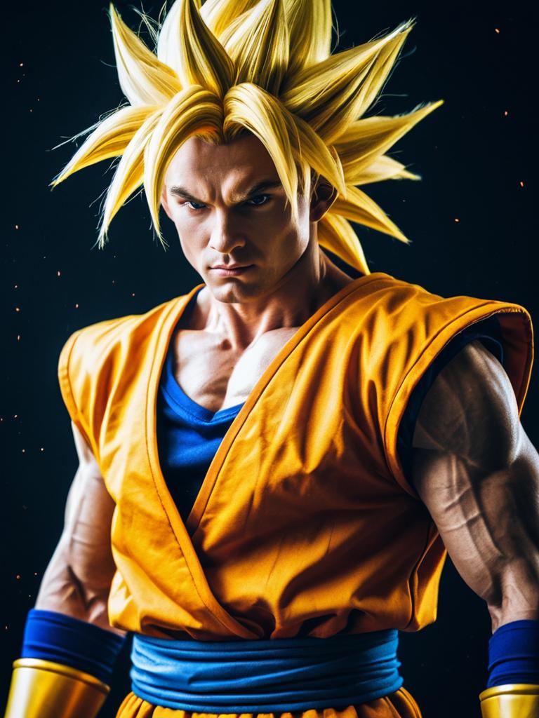 Photorealistic Anime Cosplay Portrait of Man in Super Saiyan Costume Photorealistic Anime Cosplay Portrait of Man in Super Saiyan Costume