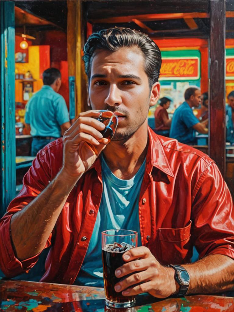 Modernist Oil Painting of Man Drinking Cola at Café