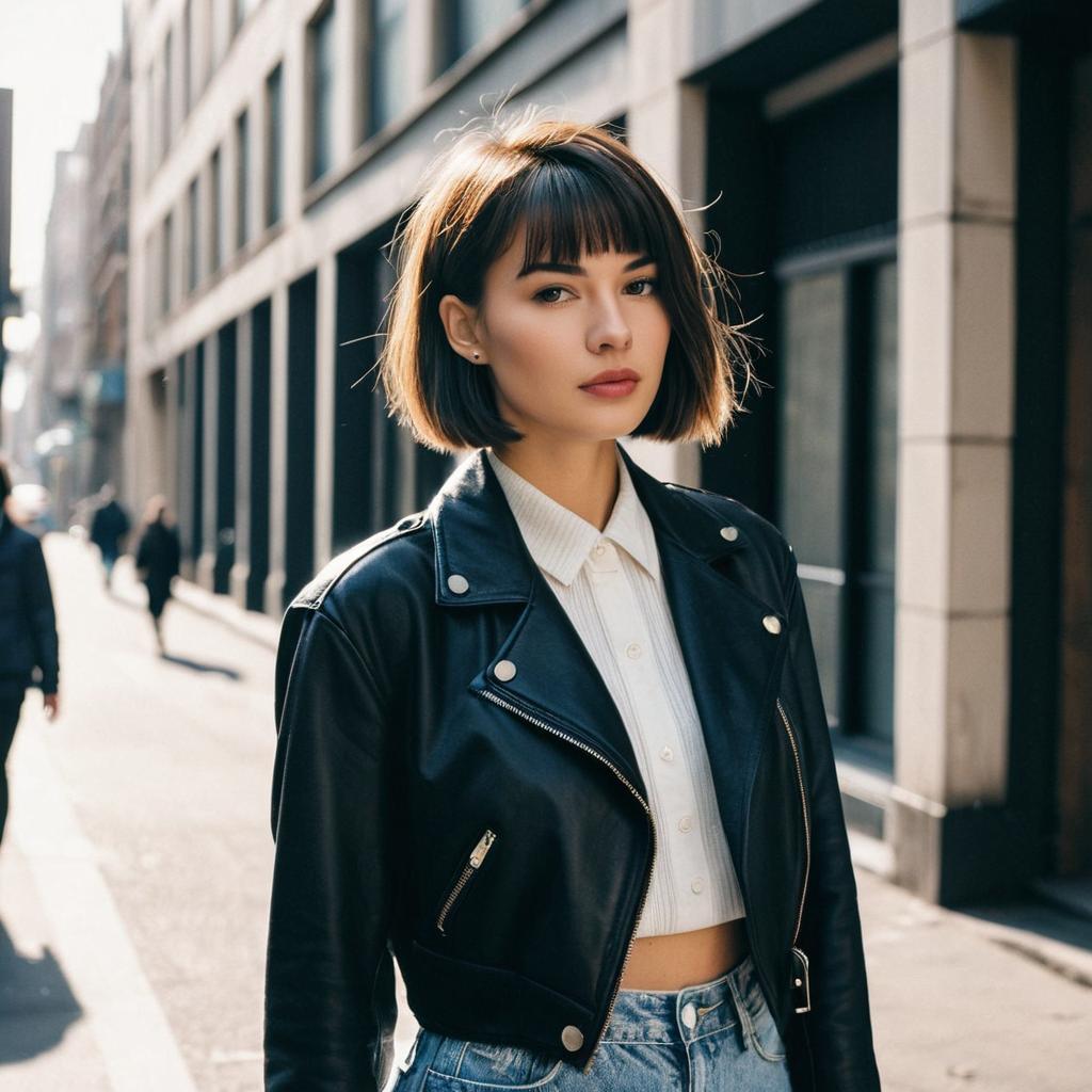 Stylish Young Woman in Leather Jacket on Urban Street