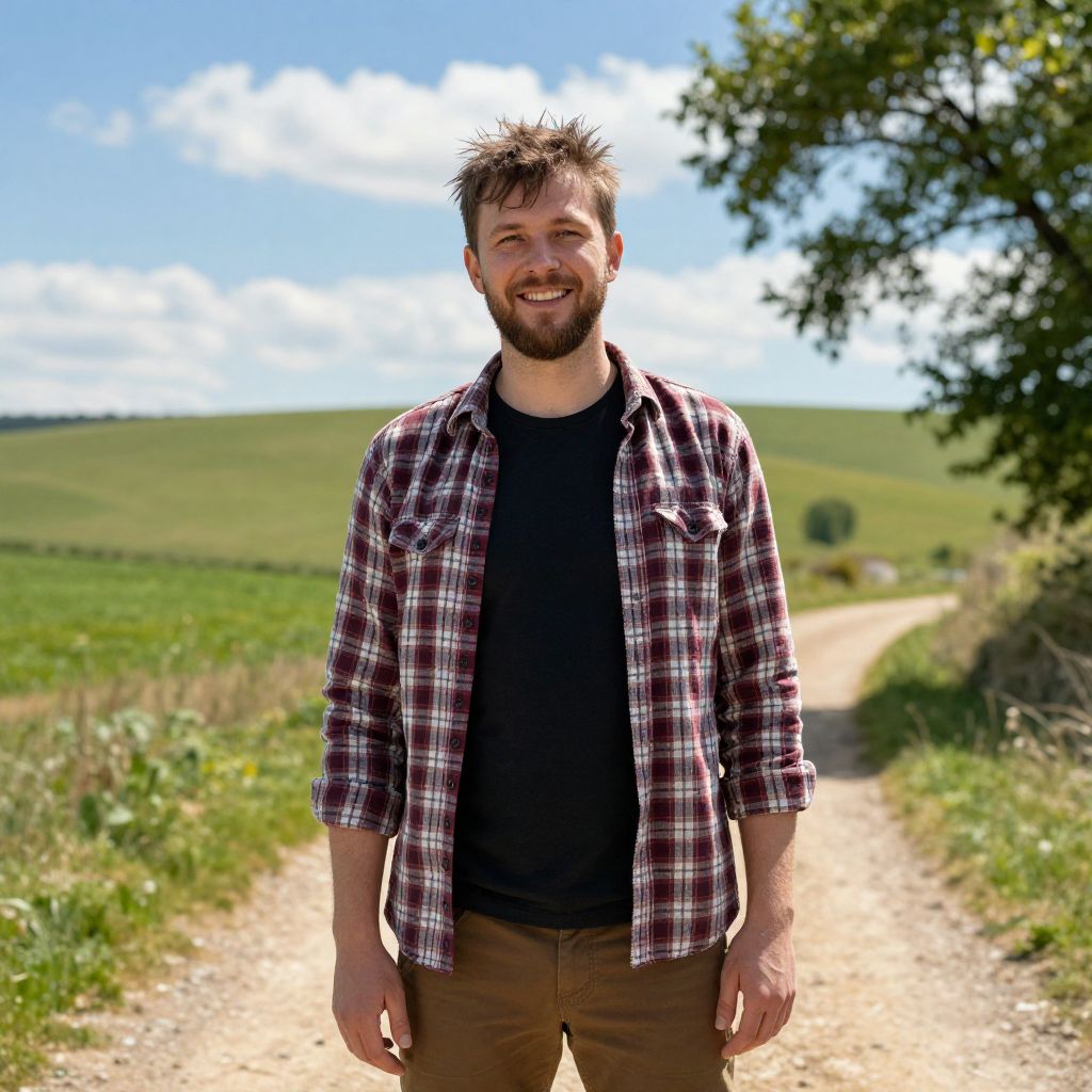 Young Man Smiling Outdoors on a Rural Dirt Pathway