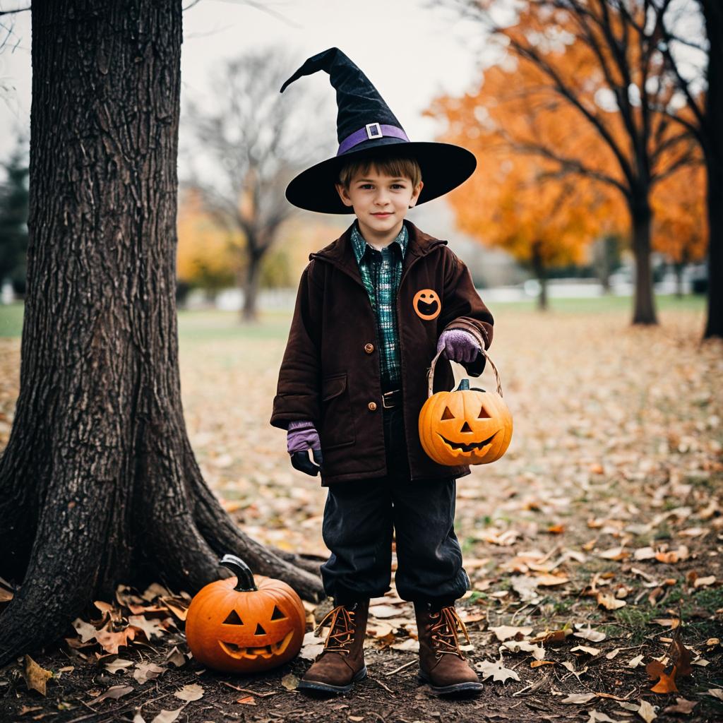 Boy in Witch Costume Holding Pumpkin Basket Outdoors on Halloween Boy in Witch Costume Holding Pumpkin Basket Outdoors on Halloween