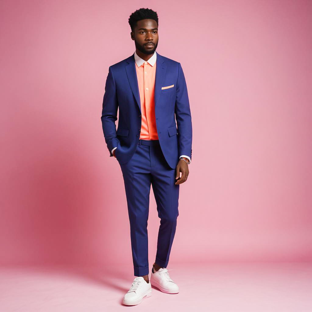 Man in Blue Suit with Coral Shirt on Pink Background