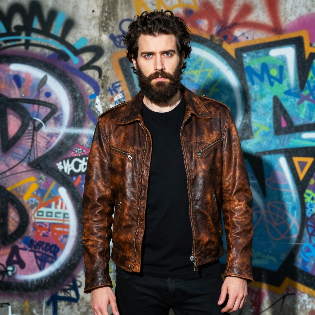 Young Man in Vintage Brown Leather Jacket with Graffiti Background