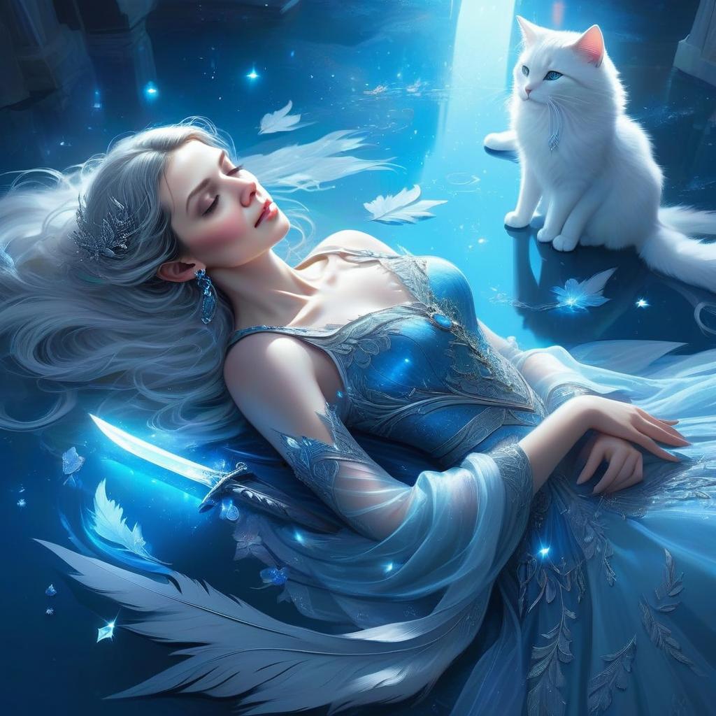 Serene woman with silver hair in blue gown, ethereal light, and fluffy cat Serene woman with silver hair in blue gown, ethereal light, and fluffy cat