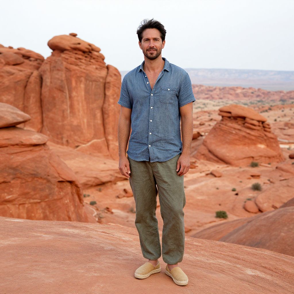 Man Standing in Red Rock Desert Landscape Wearing Casual Outfit