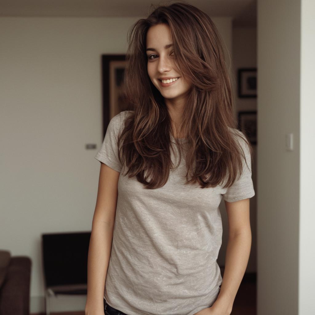 Young Woman Smiling Indoors in Casual Gray T-Shirt