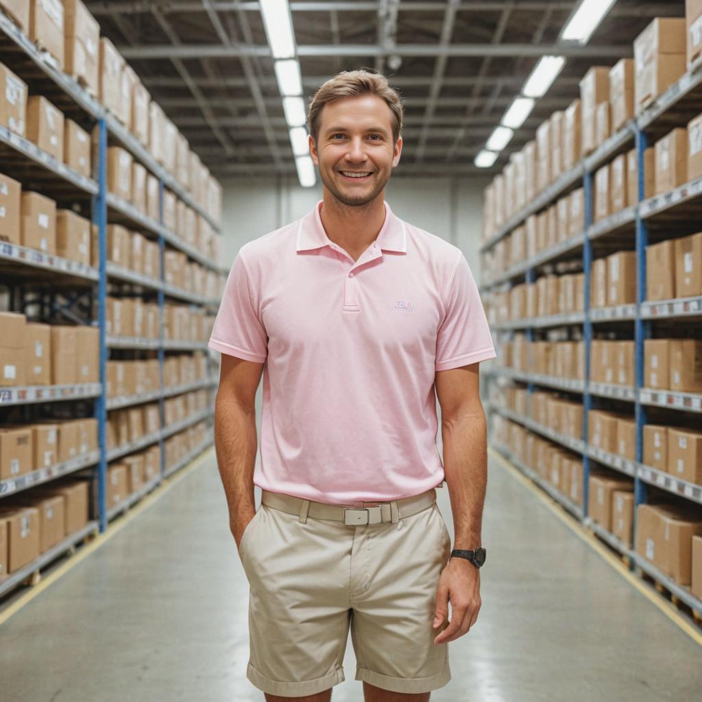 Cheerful man in warehouse with boxes