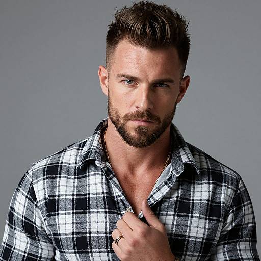 Stylish Man in Black and White Plaid Shirt with Beard