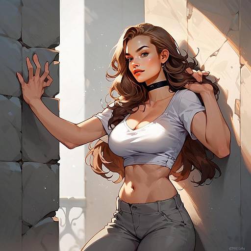Stylized Anime-Inspired Digital Artwork of Woman in Crop Top and Grey Pants