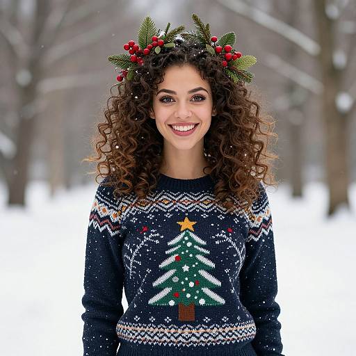 Smiling Woman Wearing Christmas Tree Sweater and Holiday Headpiece Outdoors in Snow