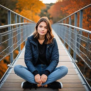 Young Woman Sitting on Suspension Bridge in Autumn