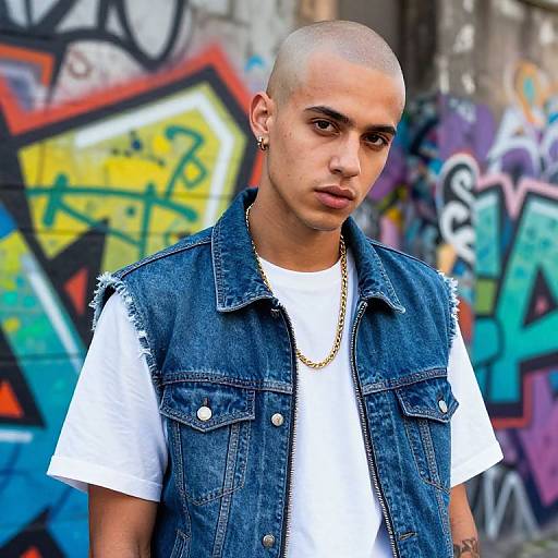 Urban Young Man in Denim Vest Against Colorful Graffiti Wall