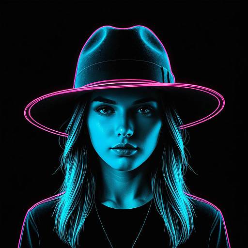 Neon Cyberpunk Woman with Wide-Brimmed Hat Portrait