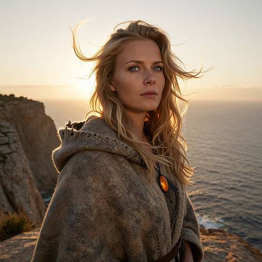 Woman on Cliffside Overlooking Ocean at Sunset with Amber Pendant