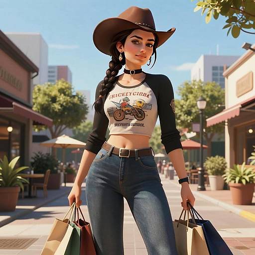 Trendy Young Woman in Cowboy Hat Shopping Outdoors Urban Style