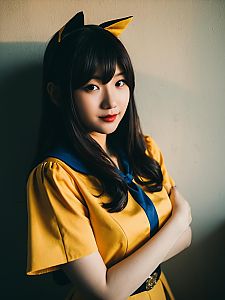 Realistic Nana Shimura Cosplay Woman in Yellow Outfit with Cat Ears