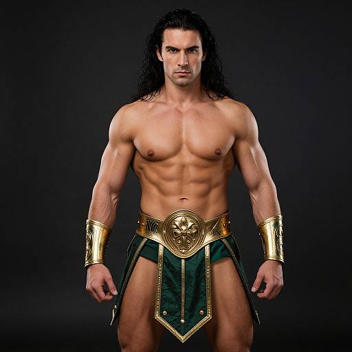 Muscular Man in Gladiator Costume with Gold Belt and Wrist Guards