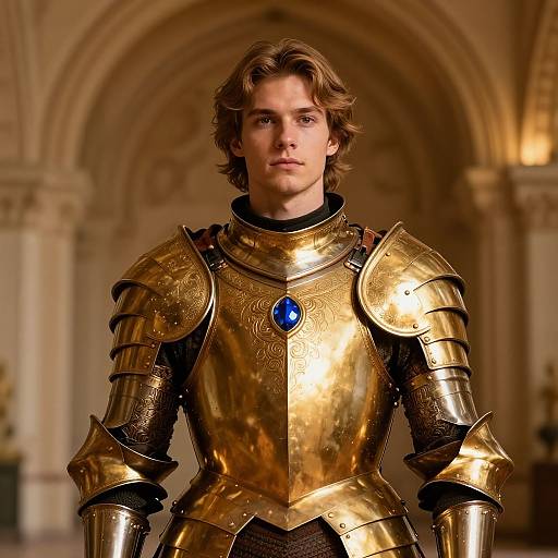 Young Man in Ornate Golden Medieval Armor with Blue Gemstone