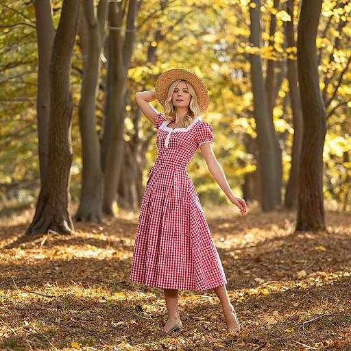Woman in Red Gingham Dress with Straw Hat in Autumn Forest