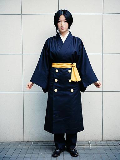 Modern Japanese Kimono Outfit Worn by Woman with Yellow Sash