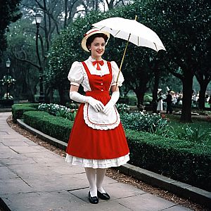 Vintage Mary Poppins Inspired Woman in Red Dress with White Gloves and Parasol