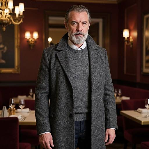 Mature Man in Grey Coat Standing Confidently in Elegant Restaurant