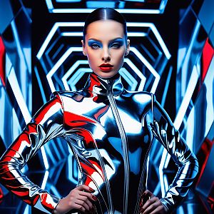 Woman in Metallic Outfit in Futuristic Hallway
