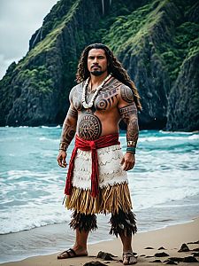 Man in Moana Costume on Tropical Island Beach with Polynesian Tattoos