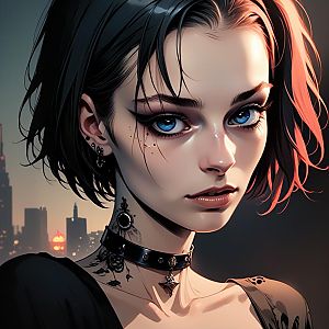 Stylized Portrait of Young Woman with Blue Eyes and Cyberpunk Aesthetic
