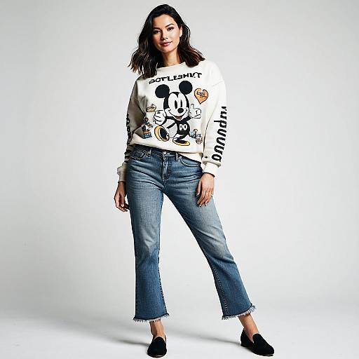 Woman Wearing Mickey Mouse Sweatshirt and Frayed-Hem Jeans in Casual Fashion