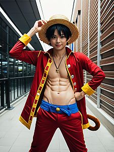 Realistic Monkey D. Luffy Cosplay Man in Signature Straw Hat Costume